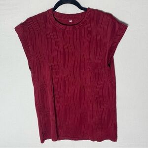 Dark Red Textured Short Sleeve Crew Neck Stretchy Blouse L